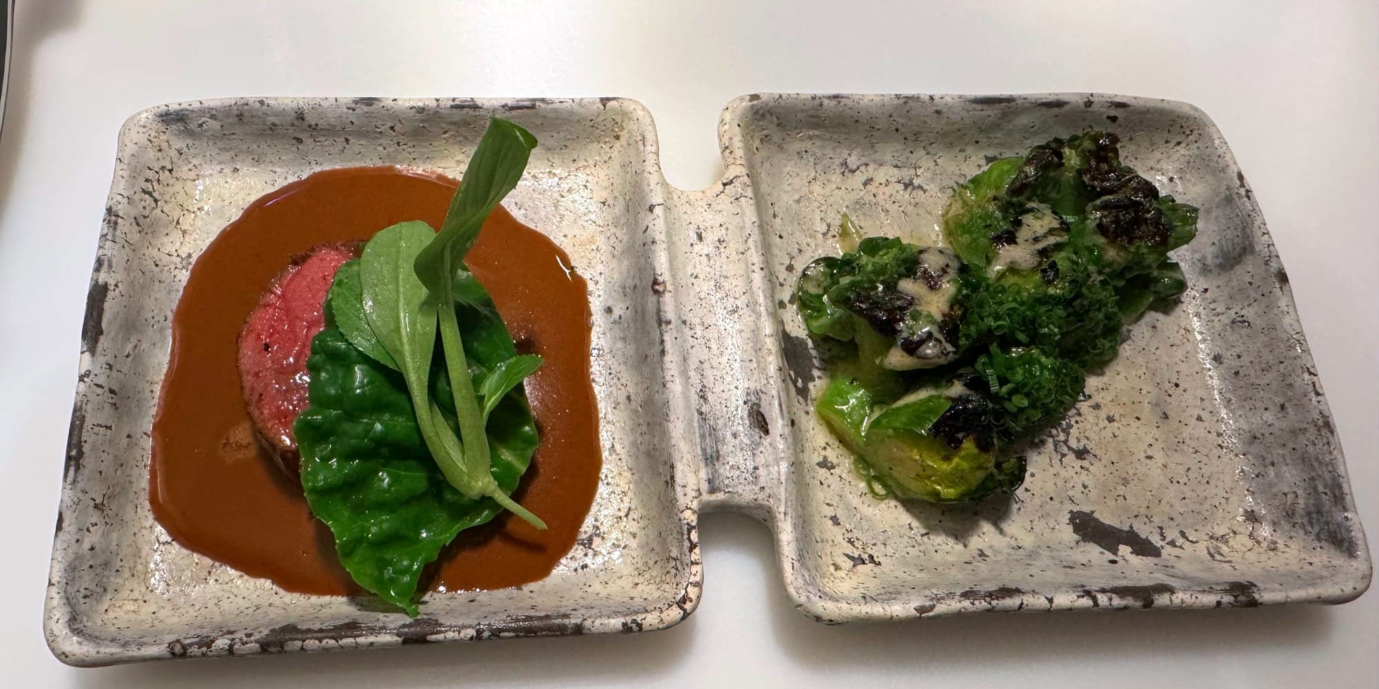 Two-part ceramic plate with a pink-centered slice of grilled sika deer in brown sauce topped with a green leaf on the left, and charred cabbage with a light creamy dressing on the right.